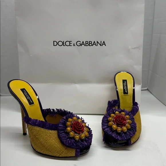 Dolce & Gabbana Keira Straw Mules Heels Open Toe Pumps Shoes Yellow Size EU 37 7 - Picture 1 of 13